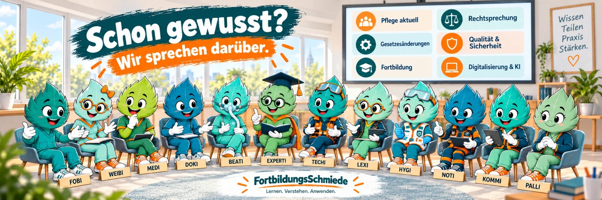 Schon gewusst? Wir sprechen darüber. – Die Figuren der FortbildungsSchmiede im Gesprächskreis zu Pflege aktuell, Rechtsprechung, Gesetzesänderungen, Qualität & Sicherheit, Fortbildung, Digitalisierung